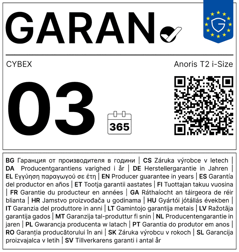 Eticheta GARAN CYBEX Anoris T2 i-Size – garanția producătorului 3 ani