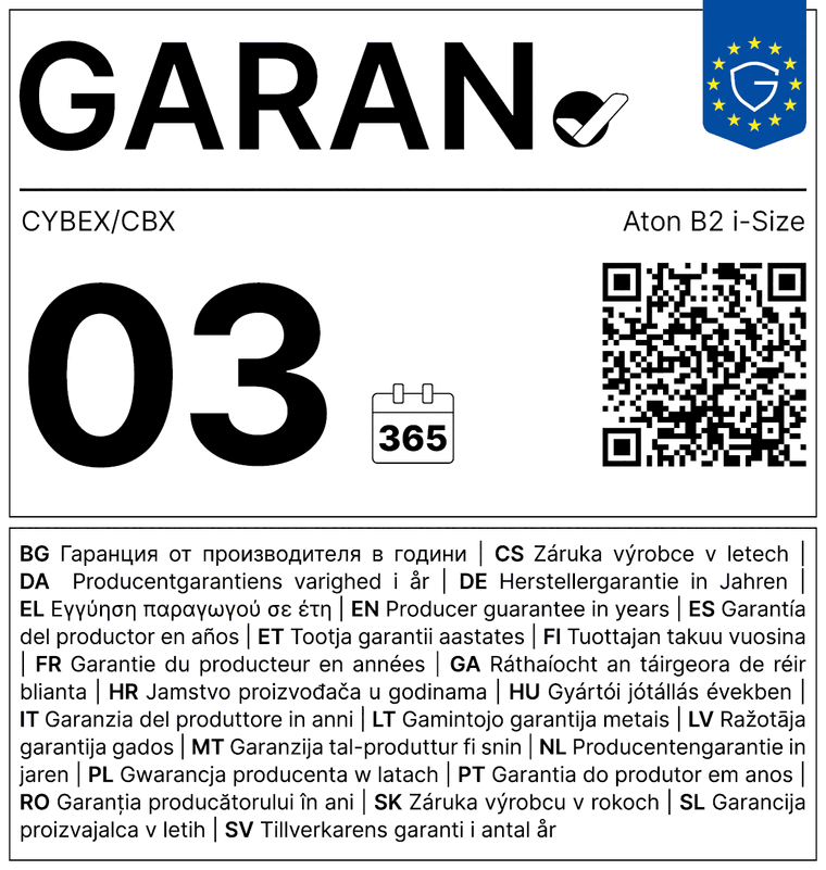 Eticheta GARAN CYBEX Aton B2 i-Size – garanția producătorului 3 ani