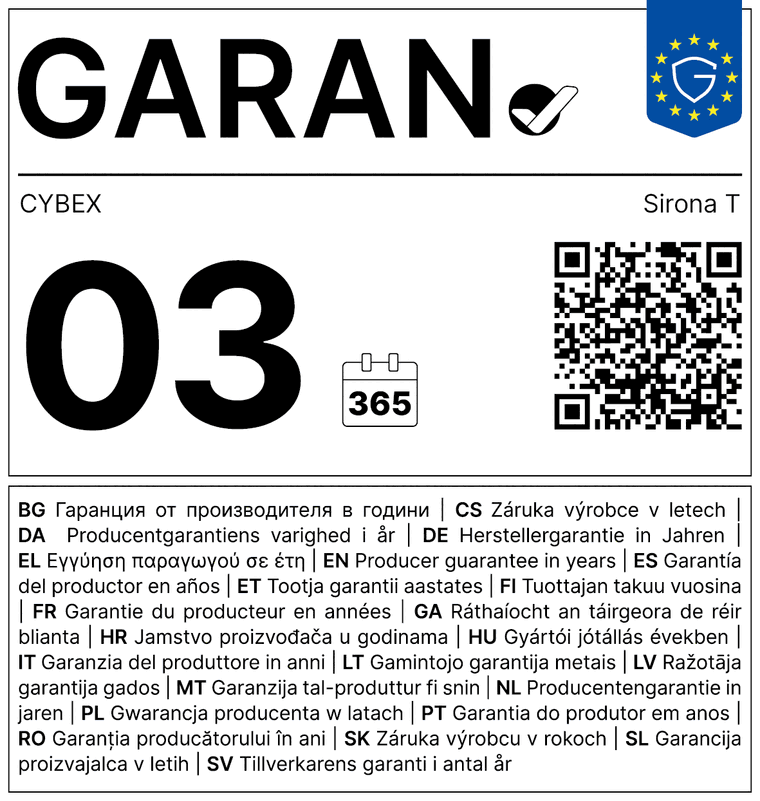 Eticheta GARAN CYBEX Sirona T – garanția producătorului 3 ani