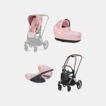 Carucior 3 in 1 Landou Priam Lux pentru căruciorul Priam Fashion Collections Pale Blush + Cadru Carucior pentru Copii Priam Chrome Brown + Scoica Auto CLOUD T I-SIZE SIMPLY FLOWERS PINK | light pink + Parte Sport Carucior Priam Fashion Collections Light Pink Cybex Fashion
