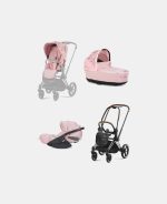 Carucior 3 in 1 Landou Priam Lux pentru căruciorul Priam Fashion Collections Pale Blush + Cadru Carucior pentru Copii Priam Chrome Brown + Scoica Auto CLOUD T I-SIZE SIMPLY FLOWERS PINK | light pink + Parte Sport Carucior Priam Fashion Collections Light Pink Cybex Fashion