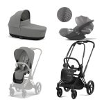 Carucior 3 in 1 Cadru Carucior pentru Copii Priam Matt Black + Parte Sport Carucior Priam Mirage Grey + Landou PRIAM Lux Mirage Grey + Scoică Auto pentru Copii Cloud T i-Size Plus Mirage Grey Cybex Platinum