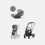 Carucior 2 in 1 : Cadru Carucior pentru Copii Priam Matt Black + Parte Sport Carucior Priam Leaf Green + Scoică Auto pentru Copii Cloud T i-Size Plus Leaf Green Cybex Platinum