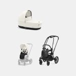 Carucior 2 in 1 Cadru Carucior pentru Copii Priam Matt Black + Landou PRIAM Lux Off White + Parte Sport Carucior Priam Off White Cybex Platinum