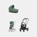 Carucior 2 in 1 Cadru Carucior pentru Copii Priam Matt Black + Landou PRIAM Lux Leaf Green + Parte Sport Carucior Priam Leaf Green Cybex Platinum