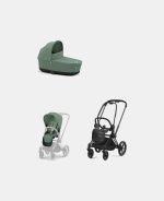 Carucior 2 in 1 Cadru Carucior pentru Copii Priam Matt Black + Landou PRIAM Lux Leaf Green + Parte Sport Carucior Priam Leaf Green Cybex Platinum