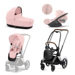 Carucior 3 in 1 Cadru Cărucior pentru Copii e-Priam Chrome Brown + Parte Sport Carucior Priam Peach Pink + Landou PRIAM Lux Peach Pink + Scoică Auto pentru Copii Cloud T i-Size Plus Peach Pink Cybex Platinum