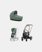 Carucior 2 in 1 Cadru Cărucior pentru Copii e-Priam Chrome Brown + Landou PRIAM Lux Leaf Green + Parte Sport Carucior Priam Leaf Green Cybex Platinum