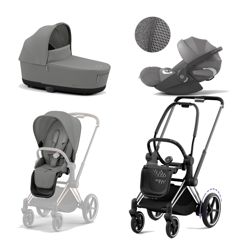 521002357-523000743-523000809-523000238.jpg Carucior 3 in 1 Cadru Cărucior pentru Copii e-Priam Chrome Black + Parte Sport Carucior Priam Mirage Grey + Landou PRIAM Lux Mirage Grey + Scoică Auto pentru Copii Cloud T i-Size Plus Mirage Grey Cybex Platinum - imagine 1