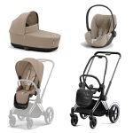 Carucior 3 in 1 Cadru Cărucior pentru Copii e-Priam Chrome Black + Parte Sport Carucior Priam Cozy Beige + Landou PRIAM Lux Cozy Beige + Scoică Auto pentru Copii Cloud T i-Size Plus Cozy Beige Cybex Platinum