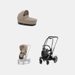 Carucior 2 in 1 Cadru Cărucior pentru Copii e-Priam Chrome Black + Landou PRIAM Lux Cozy Beige + Parte Sport Carucior Priam Cozy Beige Cybex Platinum