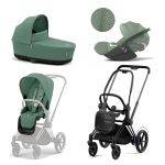 Carucior 3 in 1 Cadru Cărucior pentru Copii e-Priam Matt + Parte Sport Carucior Priam Leaf Green + Landou PRIAM Lux Leaf Green + Scoică Auto pentru Copii Cloud T i-Size Plus Leaf Green Cybex Platinum