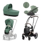 Carucior 3 in 1 Cadru Cărucior pentru Copii e-Priam Rosegold + Parte Sport Carucior Priam Leaf Green + Landou PRIAM Lux Leaf Green + Scoică Auto pentru Copii Cloud T i-Size Plus Leaf Green Cybex Platinum