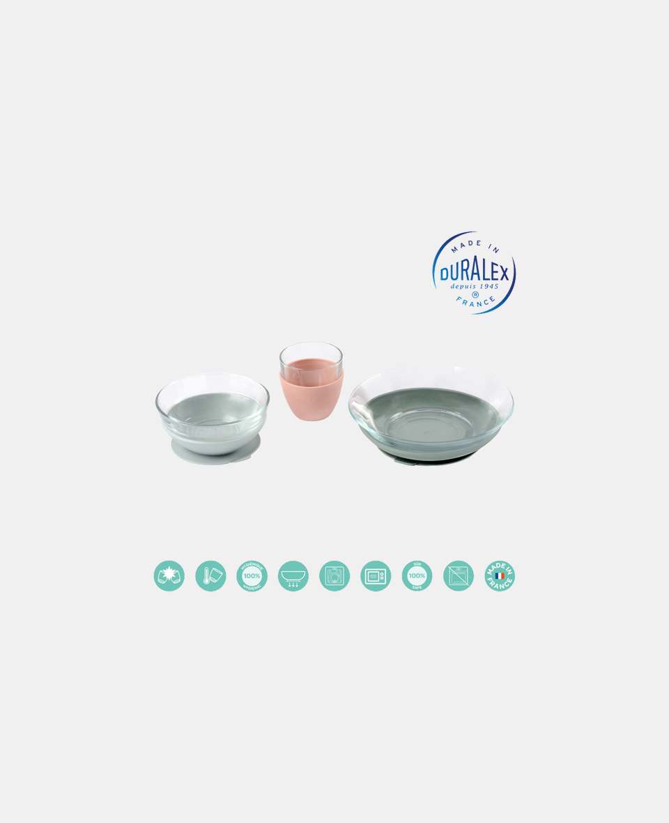 B913487.jpg Beaba Set de masă cu trei piese din sticlă Duralex cu suport antiaderent Eucalyptus - imagine 1