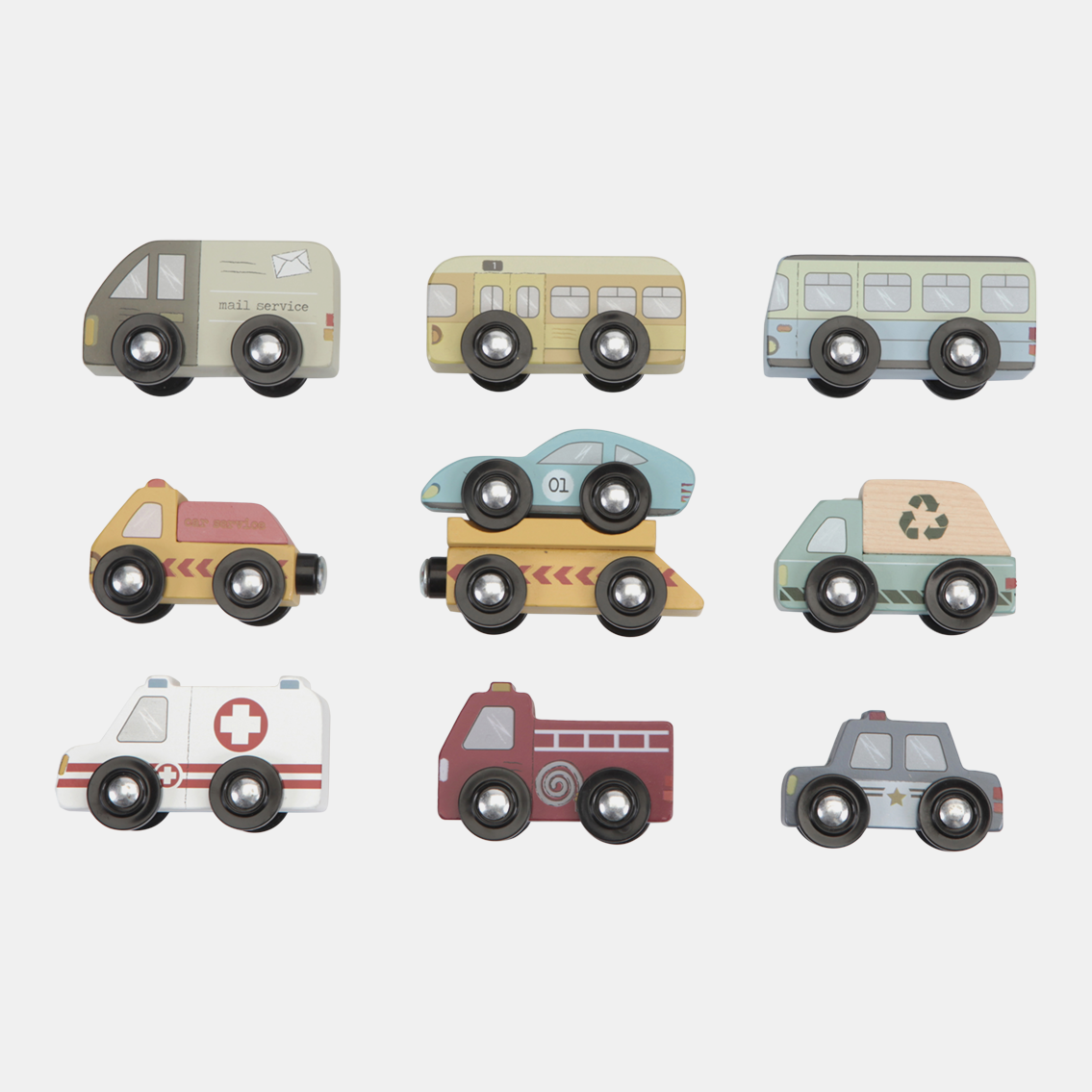 LD4492-Railway-Vehicles-Set-Product-1.png Set 9 mașinuțe din lemn Extensie Little Railway Collection Little Dutch - imagine 1