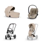 Carucior 3 in 1 Cadru Cărucior pentru copii PRIAM Style Chrome Brown + Landou pliabil PRIAM Style Landou pliabil Cozy Beige + Parte Sport Cărucior PRIAM / ePRIAM Style Cozy Beige + Scoică Auto pentru Copii Cloud T i-Size Plus Sephia Black Cybex Platinum