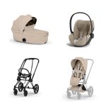 Carucior 3 in 1 Cadru Cărucior pentru copii PRIAM Style Matt Black + Landou pliabil PRIAM Style Landou pliabil Cozy Beige + Parte Sport Cărucior PRIAM / ePRIAM Style Cozy Beige + Scoică Auto pentru Copii Cloud T i-Size Plus Sephia Black Cybex Platinum