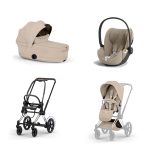 Carucior 3 in 1 Cadru Cărucior pentru copii ePRIAM Style Chrome Brown + Landou pliabil PRIAM Style Landou pliabil Cozy Beige + Parte Sport Cărucior PRIAM / ePRIAM Style Cozy Beige + Scoică Auto pentru Copii Cloud T i-Size Plus Sephia Black Cybex Platinum