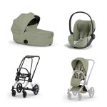 Carucior 3 in 1 Cadru Cărucior pentru copii ePRIAM Style Chrome Brown + Landou pliabil PRIAM Style Landou pliabil Sage Green + Parte Sport Cărucior PRIAM / ePRIAM Style Sage Green + Scoică Auto pentru Copii Cloud T i-Size Plus Sage Green Cybex Platinum