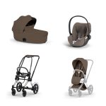 Carucior 3 in 1 Cadru Cărucior pentru copii ePRIAM Style Chrome Brown + Landou pliabil PRIAM Style Landou pliabil Coconut Brown + Parte Sport Cărucior PRIAM / ePRIAM Style Coconut Brown + Scoică Auto pentru Copii Cloud T i-Size Plus Coconut Brown Cybex Platinum