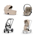 Carucior 3 in 1 Cadru Cărucior pentru copii ePRIAM Style Matt Black + Landou pliabil PRIAM Style Landou pliabil Cozy Beige + Parte Sport Cărucior PRIAM / ePRIAM Style Cozy Beige + Scoică Auto pentru Copii Cloud T i-Size Plus Sephia Black Cybex Platinum
