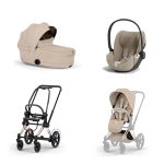 Carucior 3 in 1 Cadru Cărucior pentru copii ePRIAM Style Rosegold + Landou pliabil PRIAM Style Landou pliabil Cozy Beige + Parte Sport Cărucior PRIAM / ePRIAM Style Cozy Beige + Scoică Auto pentru Copii Cloud T i-Size Plus Sephia Black Cybex Platinum