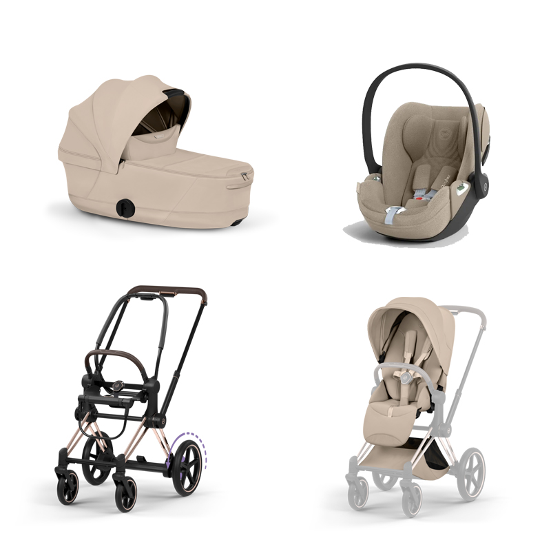 4063846550678-4063846551446-4063846551040-4063846453054 Carucior 3 in 1 Cadru Cărucior pentru copii ePRIAM Style Rosegold + Landou pliabil PRIAM Style Landou pliabil Cozy Beige + Parte Sport Cărucior PRIAM / ePRIAM Style Cozy Beige + Scoică Auto pentru Copii Cloud T i-Size Plus Sephia Black Cybex Platinum - imagine 1