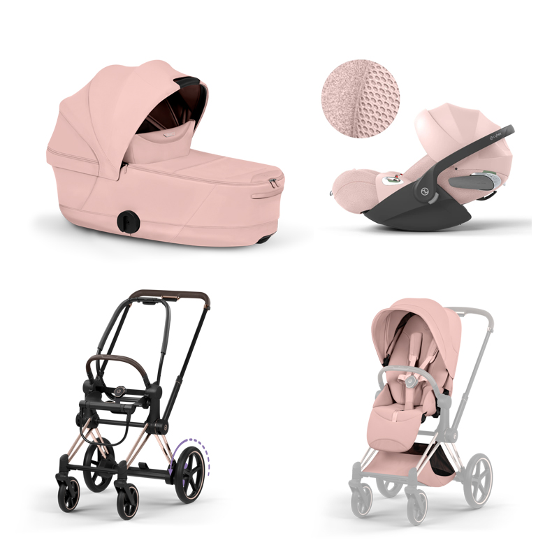 4063846550678-4063846551644-4063846551286-4063846402991 Carucior 3 in 1 Cadru Cărucior pentru copii ePRIAM Style Rosegold + Landou pliabil PRIAM Style Landou pliabil Peach Pink + Parte Sport Cărucior PRIAM / ePRIAM Style Peach Pink + Scoică Auto pentru Copii Cloud T i-Size Plus Peach Pink Cybex Platinum - imagine 1